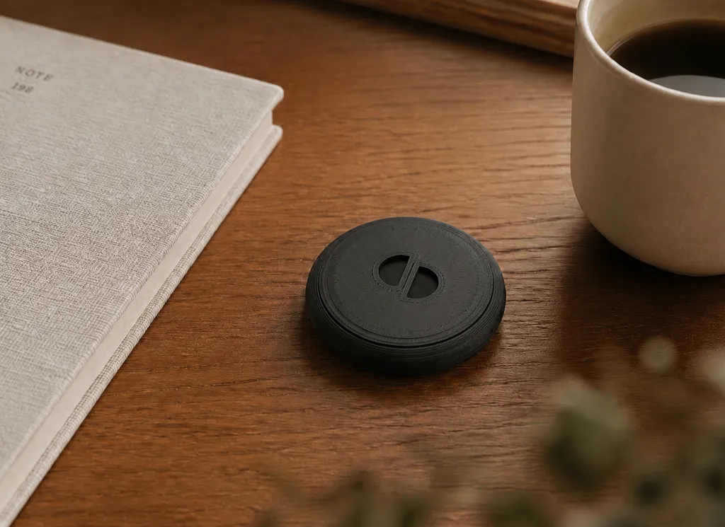 The Offline Anchor — a matte black disc with the Offline mark cut into its face, resting on a wooden desk beside a linen notebook and a ceramic cup of coffee.