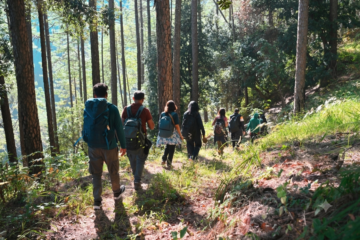 Friends hiking a pine forest trail.